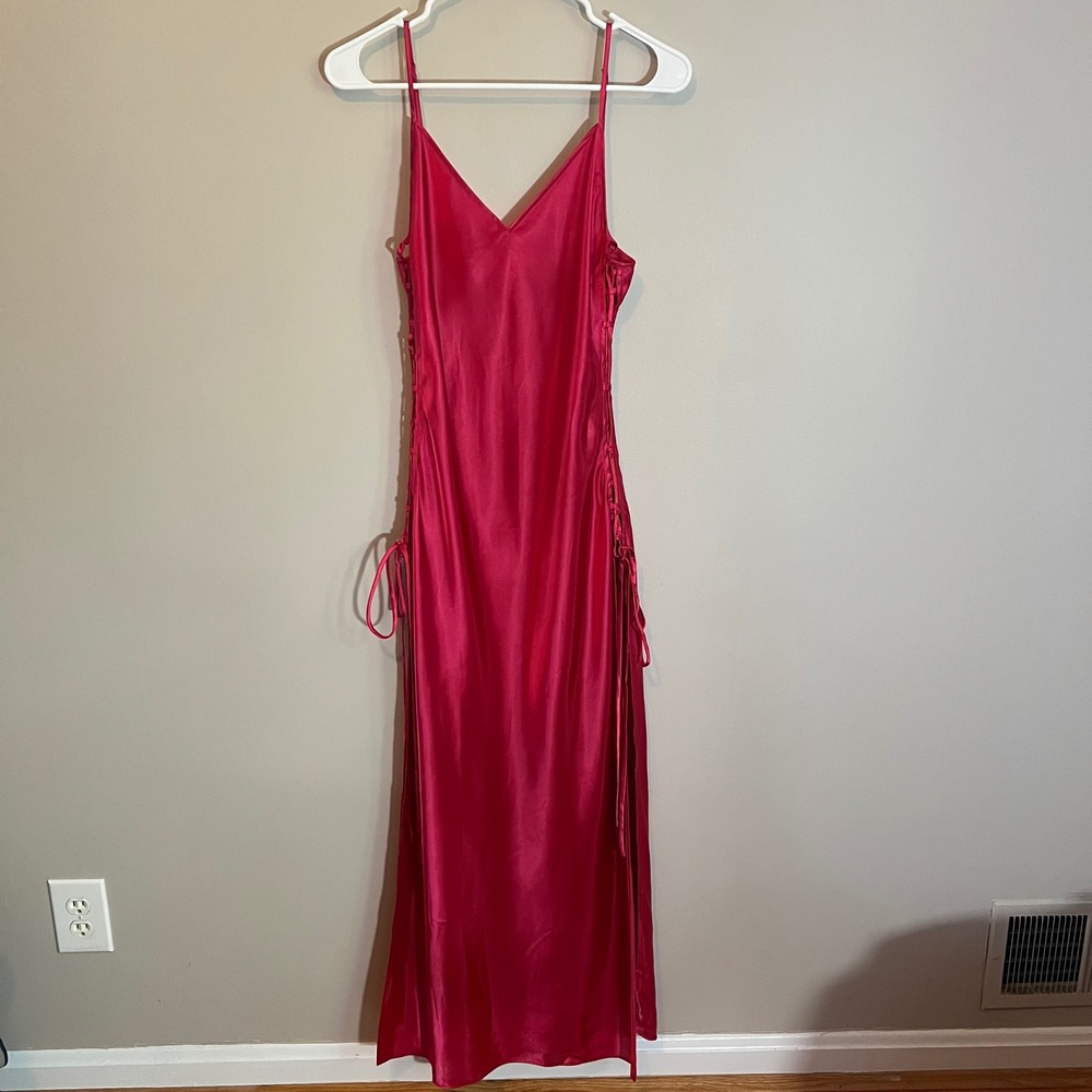 Victorias Secret Vtg Magenta Pink Satin Lace Up Side Maxi Slip Dress M Going Out